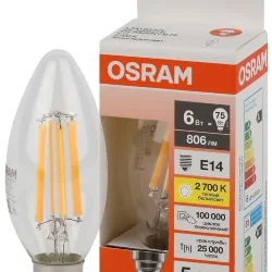 Лампа светодиодная филаментная 6W/2700K (=75W) E14 | Свеча | LED STAR 5Y FILAMENT | - OSRAM