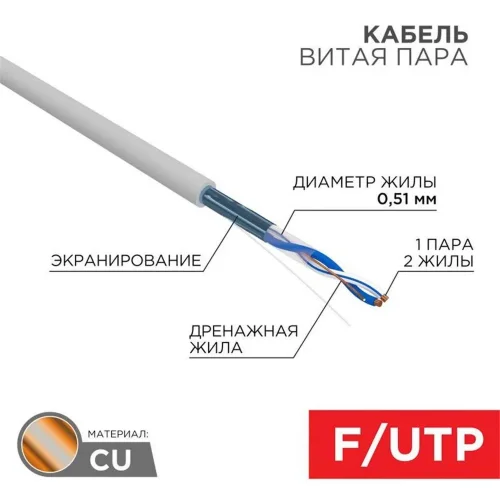 Кабель витая пара F/UTP кат.5e 1х2х24AWG solid PVC INDOOR сер. (м) Rexant 01-0120 - фото