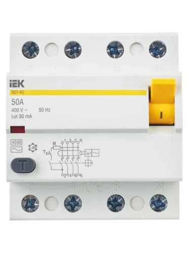 Выключатель дифференциального тока (УЗО) 4п 50А 30мА тип AC ВД1-63 KARAT IEK MDV10-4-050-030 - фото 2