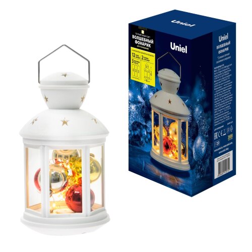 ULD-L1220-012/TTB/WW WHITE Фонарь со светодиодной гирляндой внутри, на батарейке (в комплект не входит) 12 светодиодов. Теплый белый свет. Режим мерцания. Белый корпус. 12*20 см. - фото