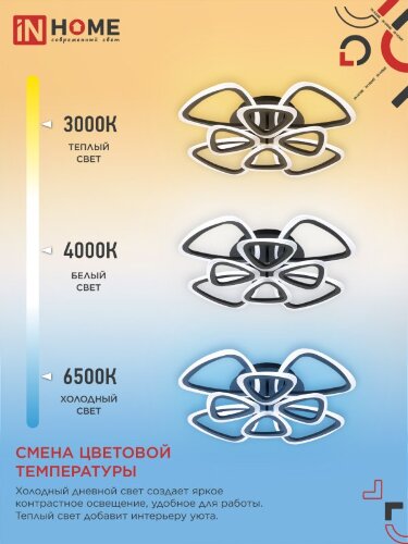 Светильник светодиодный ELEGANT SANSA-B 120Вт 230В 3000-6500K 650х650х130мм c пультом ДУ черный IN HOME - Фото 5