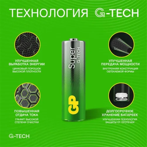 Элемент питания алкалиновый AA/LR6 1.5В Super Alkaline G-Tech 15AA21-2CRSBC4 40/320 (блист.4шт) GP 1222 - фото 2
