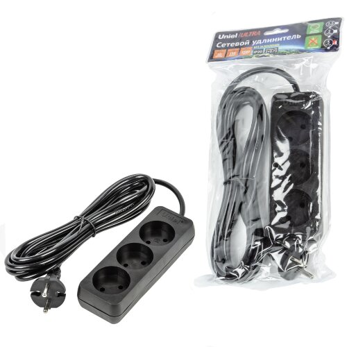 S-CU3-3 BLACK Удлинитель серии Ultra, шнур 3м., 3 гнезда, 10A, б-з, Черный, TM Uniel - фото 3