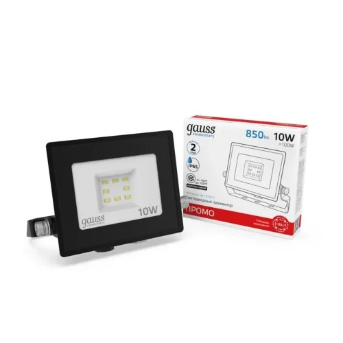 Прожектор светодиодный Elementary 10Вт 6500К IP65 850лм 200-240В ДО PROMO G2 черн. GAUSS 613100310P - фото 2