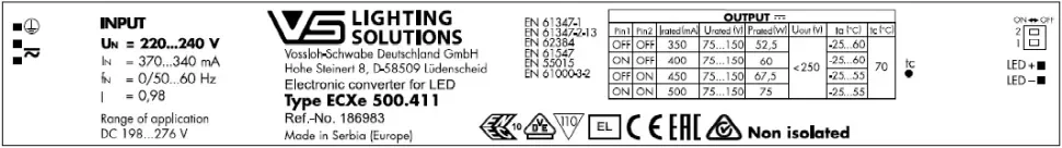 VS 75W/350-500мА 75-150V DIP-переключатель - Линейный драйвер для светодиодов Vossloh-Schwabe ECXe 500.411. Фото 2
