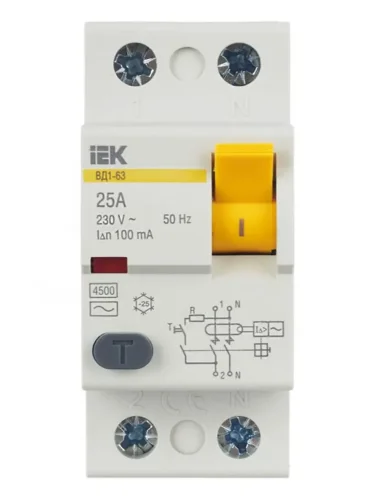 Выключатель дифференциального тока (УЗО) 2п 25А 100мА тип AC ВД1-63 KARAT IEK MDV10-2-025-100 - фото 2