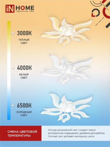 Светильник светодиодный ELEGANT FLAME 90Вт 230В 3000-6500K 7000Лм 820х802х87мм c пультом ДУ белый IN HOME - Фото 4