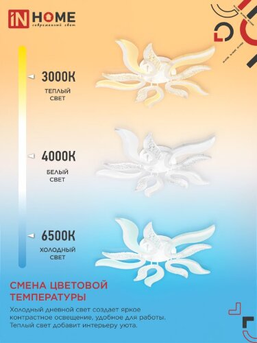 Светильник светодиодный ELEGANT FLAME 90Вт 230В 3000-6500K 820х802х87мм c пультом ДУ белый IN HOME - Фото 6