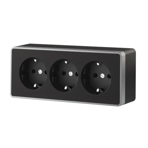 Розетка тройная с заземлением и шторками Gallant черный с серебром W5073134 - фото