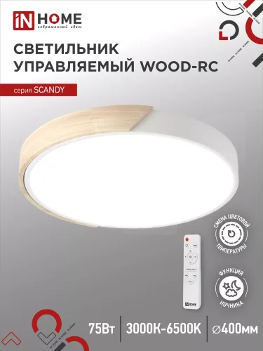 Светильник светодиодный SCANDY WOOD-75RCW 75Вт 230В 3000-6500K 6000Лм 400x50мм с пультом ДУ белый IN HOME - Фото