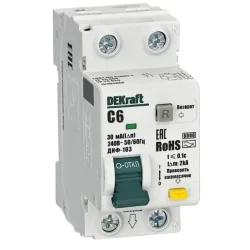 Выключатель автоматический дифференциального тока (АВДТ) 1P+N 6А 30мА AC х-ка C ДИФ-103 6кА DEKraft 16309DEK