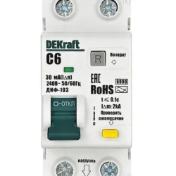 Выключатель автоматический дифференциального тока (АВДТ) 1P+N 6А 30мА AC х-ка C ДИФ-103 6кА DEKraft 16309DEK