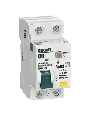 Выключатель автоматический дифференциального тока (АВДТ) 1P+N 6А 30мА AC х-ка C ДИФ-103 6кА DEKraft 16309DEK - фото