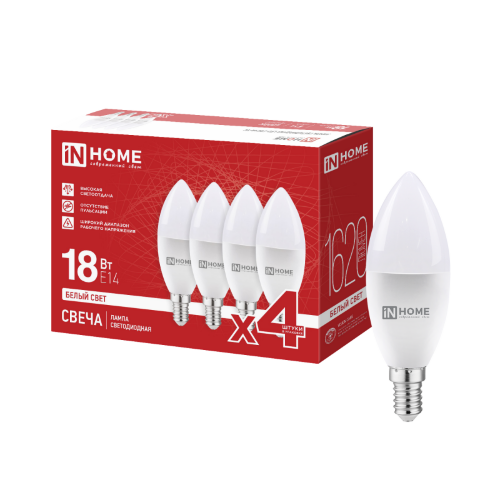 Лампа светодиодная LED-СВЕЧА-VC 4PACK 18Вт 230В Е14 4000К 1620Лм (4шт./упак) IN HOME - Фото