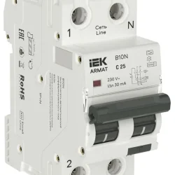Выключатель автоматический дифференциального тока 2п (1P+NP) C 25 30мА тип A АВДТ B10N 36мм ARMAT IEK AR-B10N-1N-C025A030