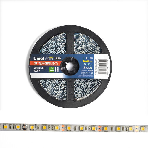 ULS-M25-5050-60LED-m-10mm-IP20-DC12V-14.4W-m-5M-4000K PROFI Гибкая светодиодная лента на самоклеящейся основе, Катушка 5м, в герметичной упаковке, Белый свет4000К. - фото 4
