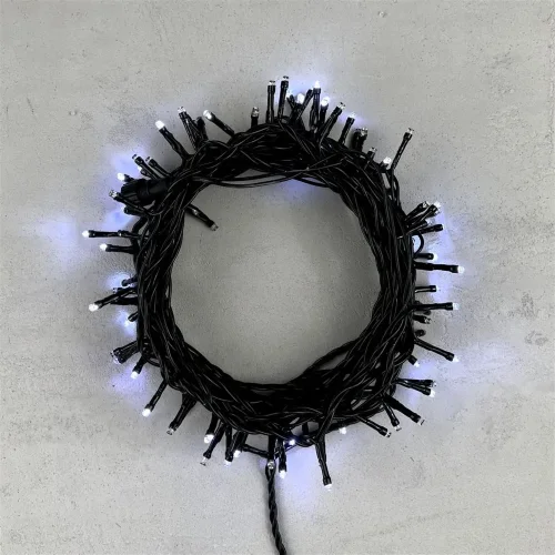 Гирлянда Нить 10м Белая с Мерцанием Каждого Диода 24В, 100 LED, Провод Черный ПВХ, IP54. Фото 1.