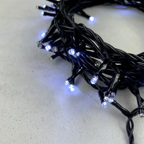 Гирлянда Нить 10м Белая с Мерцанием Каждого Диода 24В, 100 LED, Провод Черный ПВХ, IP54. Фото 2.