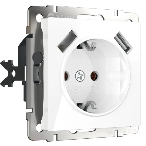 Розетка с заземлением, шторками и USBх2 (белая) W1171501 - фото