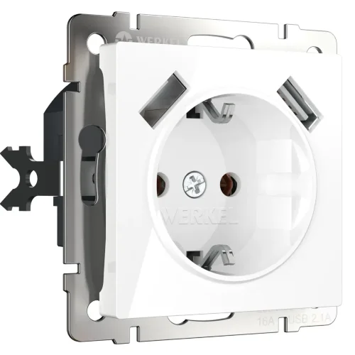 Розетка с заземлением, шторками и USBх2 (белая) W1171501 - фото