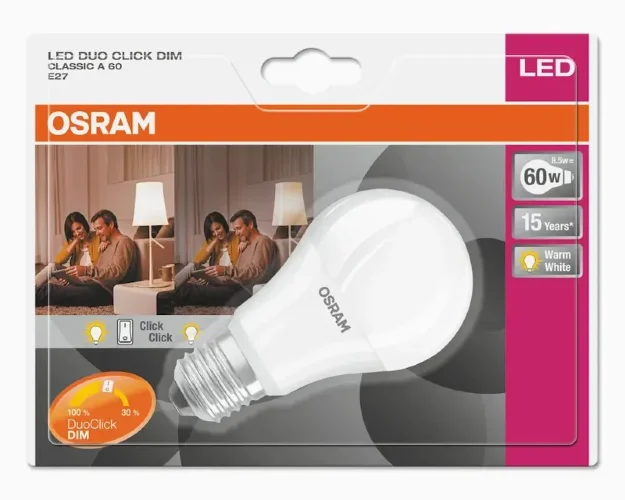Лампа светодиодная 8.5W/2700K E27 | 1клик-100% / 2клик-40% | DUO CLICK DIM | - OSRAM. Фото 2