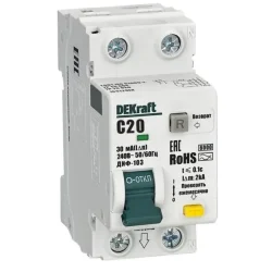Выключатель автоматический дифференциального тока (АВДТ) 1P+N 20А 30мА AC х-ка C ДИФ-103 6кА DEKraft 16312DEK
