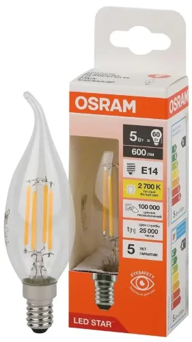 Лампа светодиодная филаментная 6W/2700K (=75W) E14 | Свеча на ветру | LED STAR 5Y FILAMENT | - OSRAM. Фото