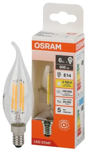 Лампа светодиодная филаментная 6W/2700K (=75W) E14 | Свеча на ветру | LED STAR 5Y FILAMENT | - OSRAM. Фото 2