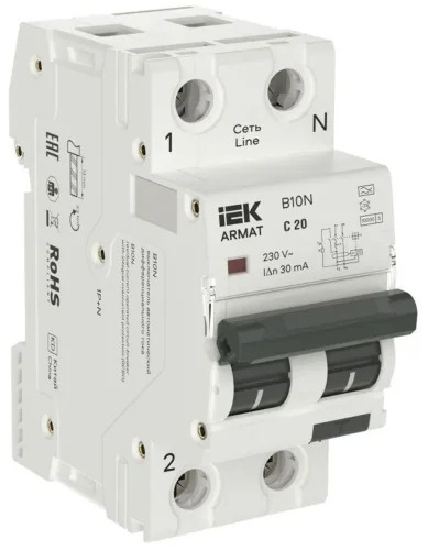 Выключатель автоматический дифференциального тока 2п (1P+NP) C 20 30мА тип A АВДТ B10N 36мм ARMAT IEK AR-B10N-1N-C020A030 - фото