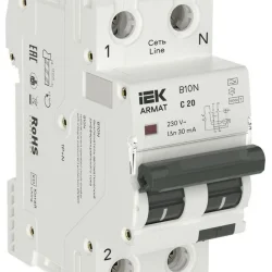 Выключатель автоматический дифференциального тока 2п (1P+NP) C 20 30мА тип A АВДТ B10N 36мм ARMAT IEK AR-B10N-1N-C020A030