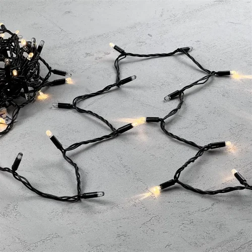 Гирлянда Нить с Колпачком 10м Тепло-Белая с Мерцанием Каждого Диода 24В, 100 LED, Провод Черный ПВХ, IP65. Фото 2.