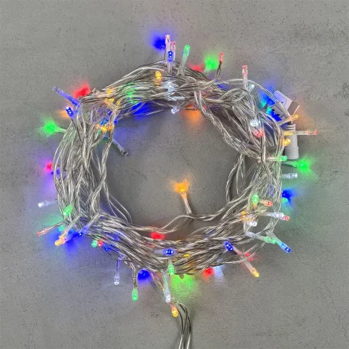 Гирлянда Нить 10м Разноцветная с Мерцанием Белого Диода 24В, 100 LED, Провод Прозрачный ПВХ, IP54. Фото 1.