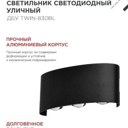 Светильник уличный светодиодный ДБУ TWIN-830BL 8Вт 3000К IP54 черный IN HOME