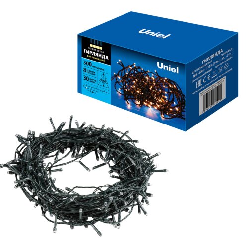 ULD-S3000-300/DGA WARM WHITE IP20 Гирлянда светодиодная, 30м. 300 светодиодов. Теплый белый свет. Провод зеленый. ТМ Uniel - фото