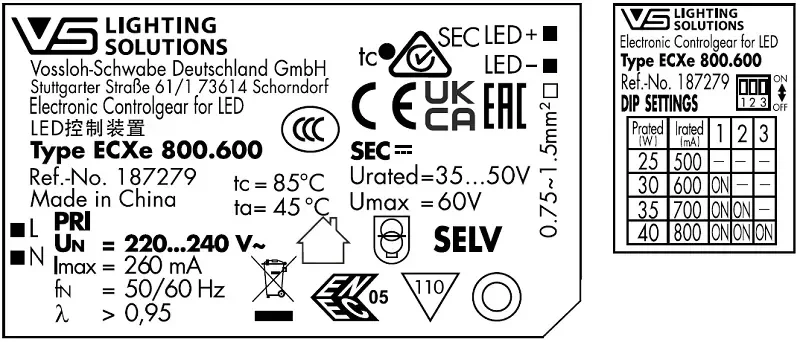 Драйвер для светодиодов 40W/500-800мА 35-50V | DIP-переключатель | ECXe 800.600 | - Vossloh-Schwabe. Фото 2