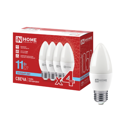 Лампа светодиодная LED-СВЕЧА-VC 4PACK 11Вт 230В Е27 6500К 1050Лм (4шт./упак) IN HOME - Фото