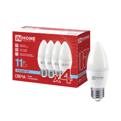Лампа светодиодная LED-СВЕЧА-VC 4PACK 11Вт 230В Е27 6500К 1050Лм (4шт./упак) IN HOME