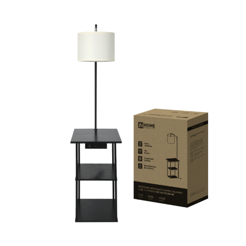 Светильник напольный этажерка ТНО 12P-Е27USB-WB USB-C розетка, белый абажур, черный корпус IN HOME - Фото