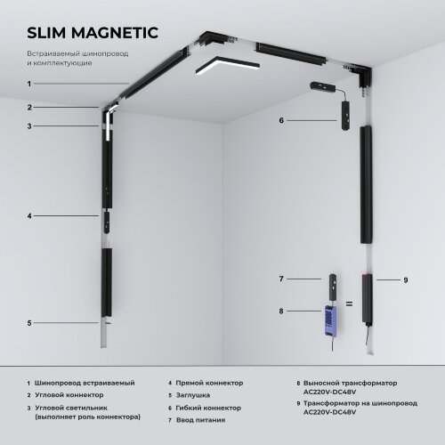 Slim Magnetic Коннектор угловой для встраиваемого шинопровода под ГКЛ 12,5мм черный - Фото 5