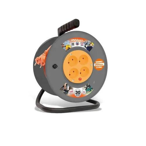 Удлинитель на катушке 4х30м без заземл. 6А IP20 ВЕМ-250 ПВС 2х0.75 термозащита UNIVersal 9634148 - фото