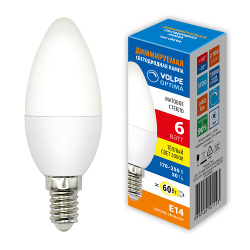 LED-C37-6W-3000K-E14-FR-DIM-SLS Лампа светодиодная, диммируемая, Форма свеча, матовая, Теплый белый свет 3000K - фото 3