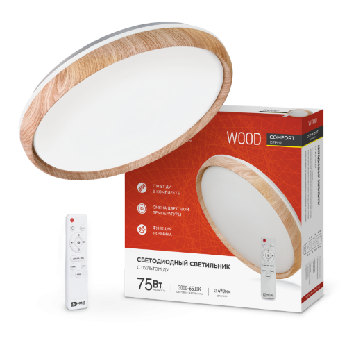 Светильник светодиодный COMFORT WOOD 75Вт 230В 3000-6500K 6000Лм 490x115мм с пультом ДУ IN HOME - Фото