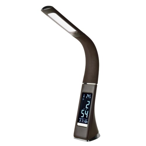 TLD-542 Brown-LED-300Lm-5000K-Dimmer Светильник настольный c часами, календарем, термометром, 5W, Сенсорный выключатель, Коричневый стилизован под кожу. - фото 1