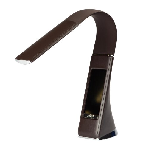 TLD-542 Brown-LED-300Lm-5000K-Dimmer Светильник настольный c часами, календарем, термометром, 5W, Сенсорный выключатель, Коричневый стилизован под кожу. - фото 3