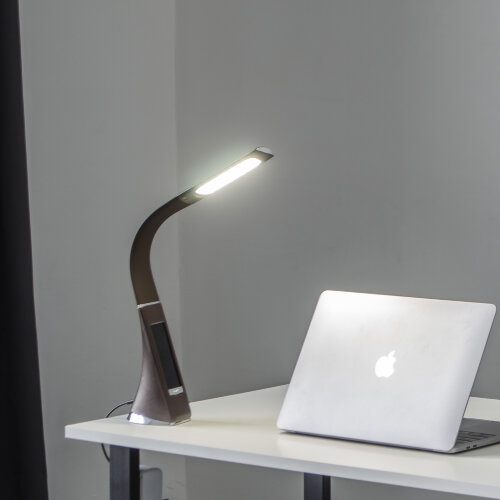 TLD-542 Brown-LED-300Lm-5000K-Dimmer Светильник настольный c часами, календарем, термометром, 5W, Сенсорный выключатель, Коричневый стилизован под кожу. - фото 12