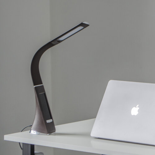 TLD-542 Brown-LED-300Lm-5000K-Dimmer Светильник настольный c часами, календарем, термометром, 5W, Сенсорный выключатель, Коричневый стилизован под кожу. - фото 14