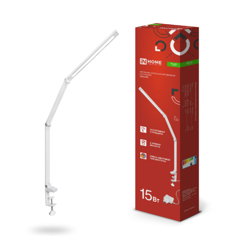 Светильник настольный светодиодный PLUS ССС-02Б 15Вт 3000-6500К 600Лм USB, с адаптером, струбцина БЕЛЫЙ IN HOME - Фото