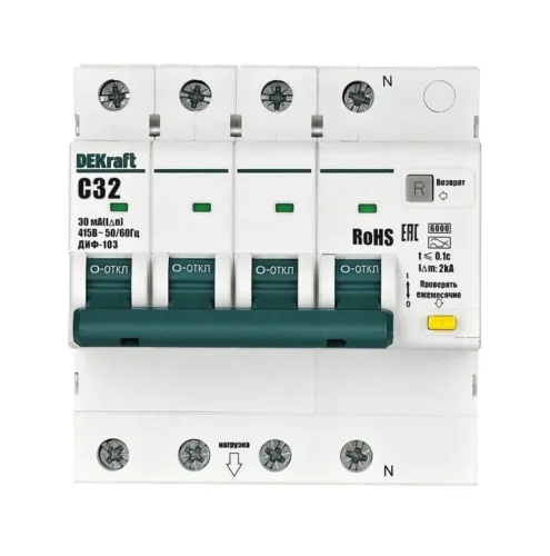 Выключатель автоматический дифференциального тока (АВДТ) 3P+N 32А 30мА AC х-ка C ДИФ-103 6кА DEKraft 16404DEK - фото 2