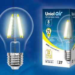 LED-A60-8W-WW-E27-CL GLA01TR Лампа светодиодная, Форма A, прозрачная, Серия Air, Теплый белый свет 3000K