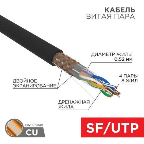 Кабель витая пара SF/UTP кат.5e 4х2х0.51 24AWG solid PE OUTDOOR медь наружн. прокл. черн. (м) Rexant 01-0344 - фото